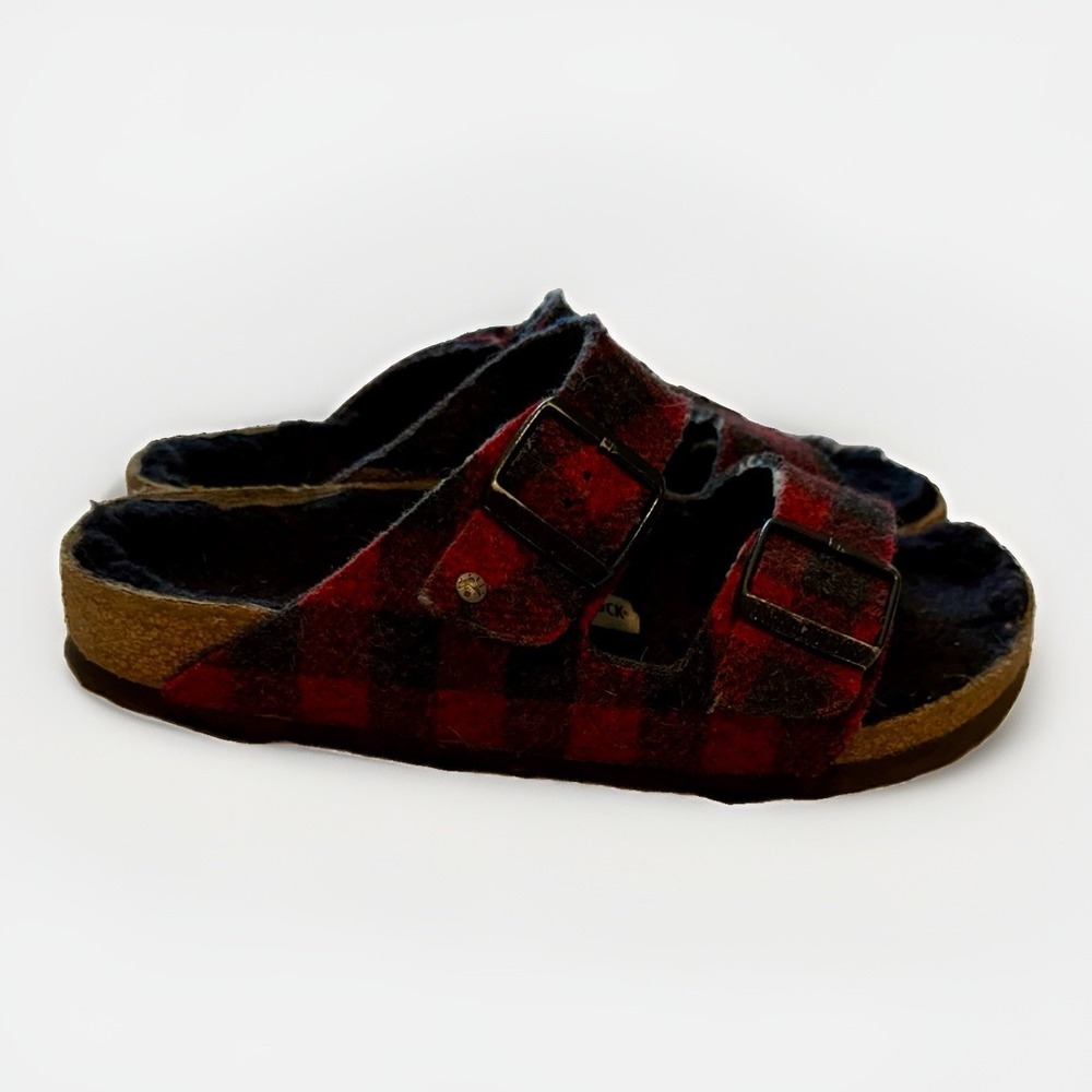 Birkenstock Arizona Shearling Plaid Red Wool Sandals EU 37 Narrow